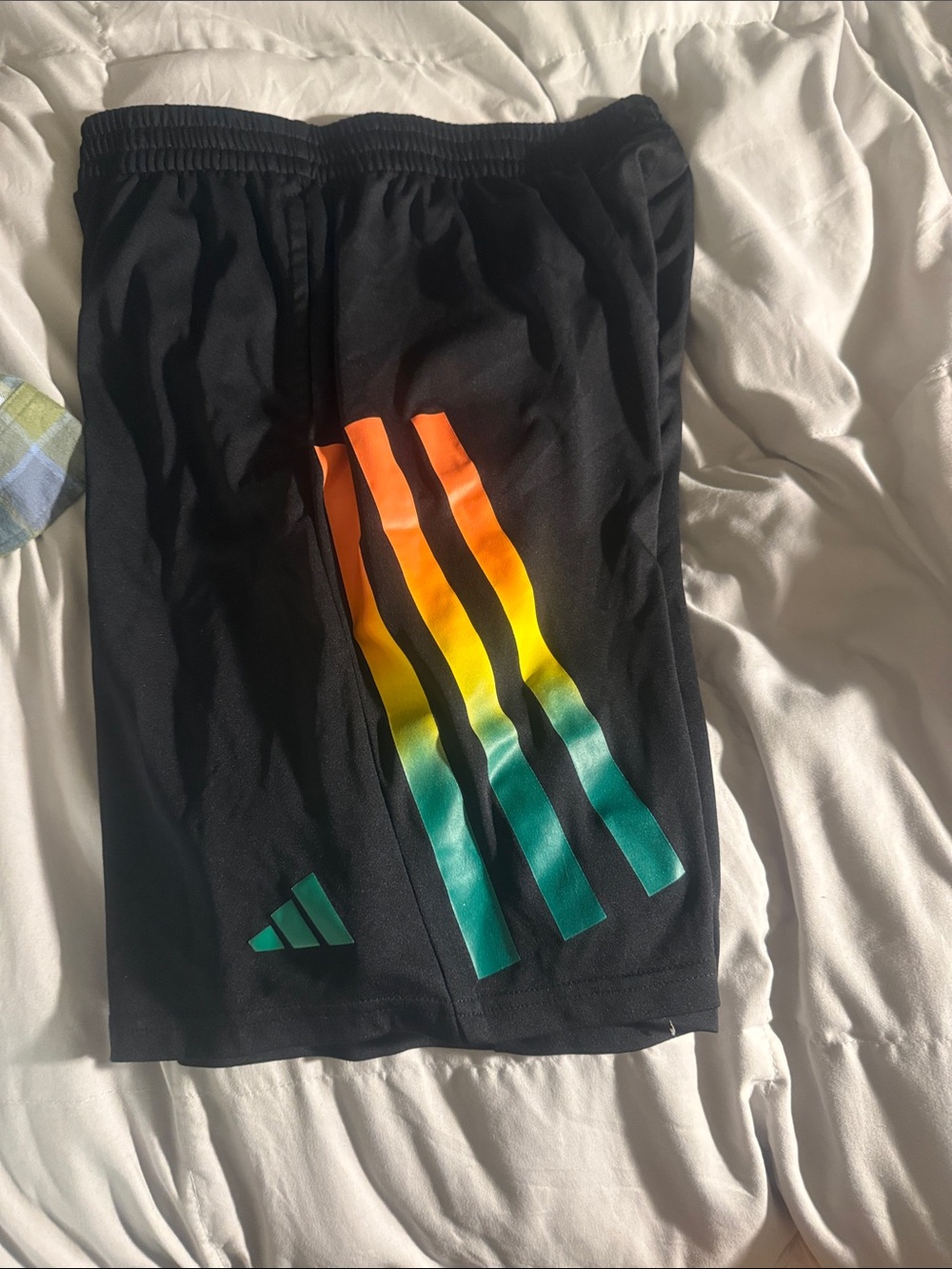 adidas Black Kids Athletic Shorts with Orange-Yellow-Green Stripe